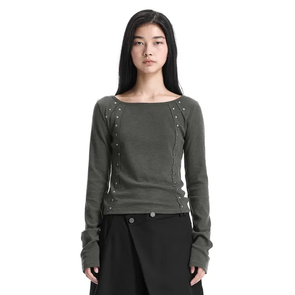 Hot-Fix Raw Edge Boat Neck T-Shirt [ Charcoal ]