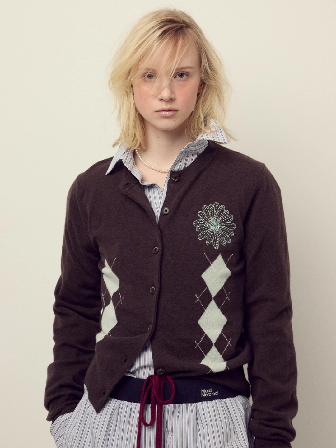 마르디 메크르디 CASHMERE BLENDED CARDIGAN ROUND NECK ARGYLE_BROWN MINT 상품 이미지 2