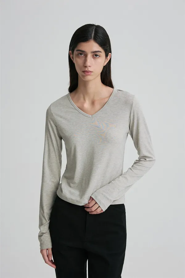 DEEP V-NECK LONG-SLEEVE TOP MELANGE GRAY