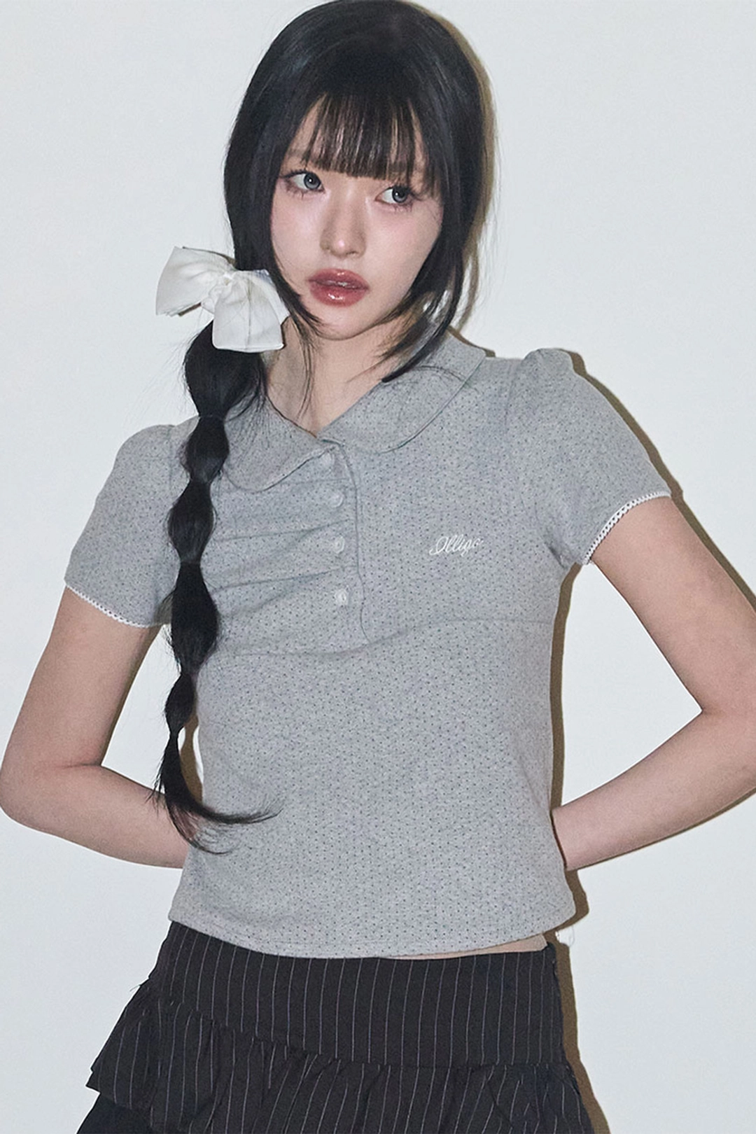 일리고 도트 핀턱 카라 티 멜란지 상품 이미지 3