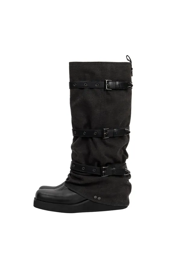 Bold Wrinkled Belted Long Boots [ Black ]