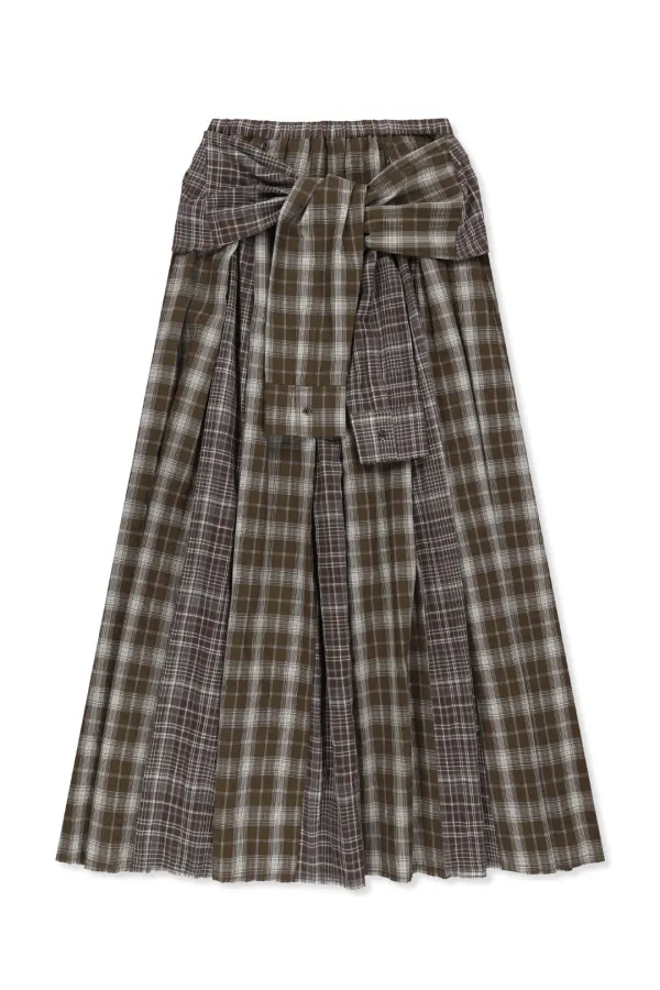 MIXED CHECK SLEEVE TIE FLARE SKIRT IN BROWN
