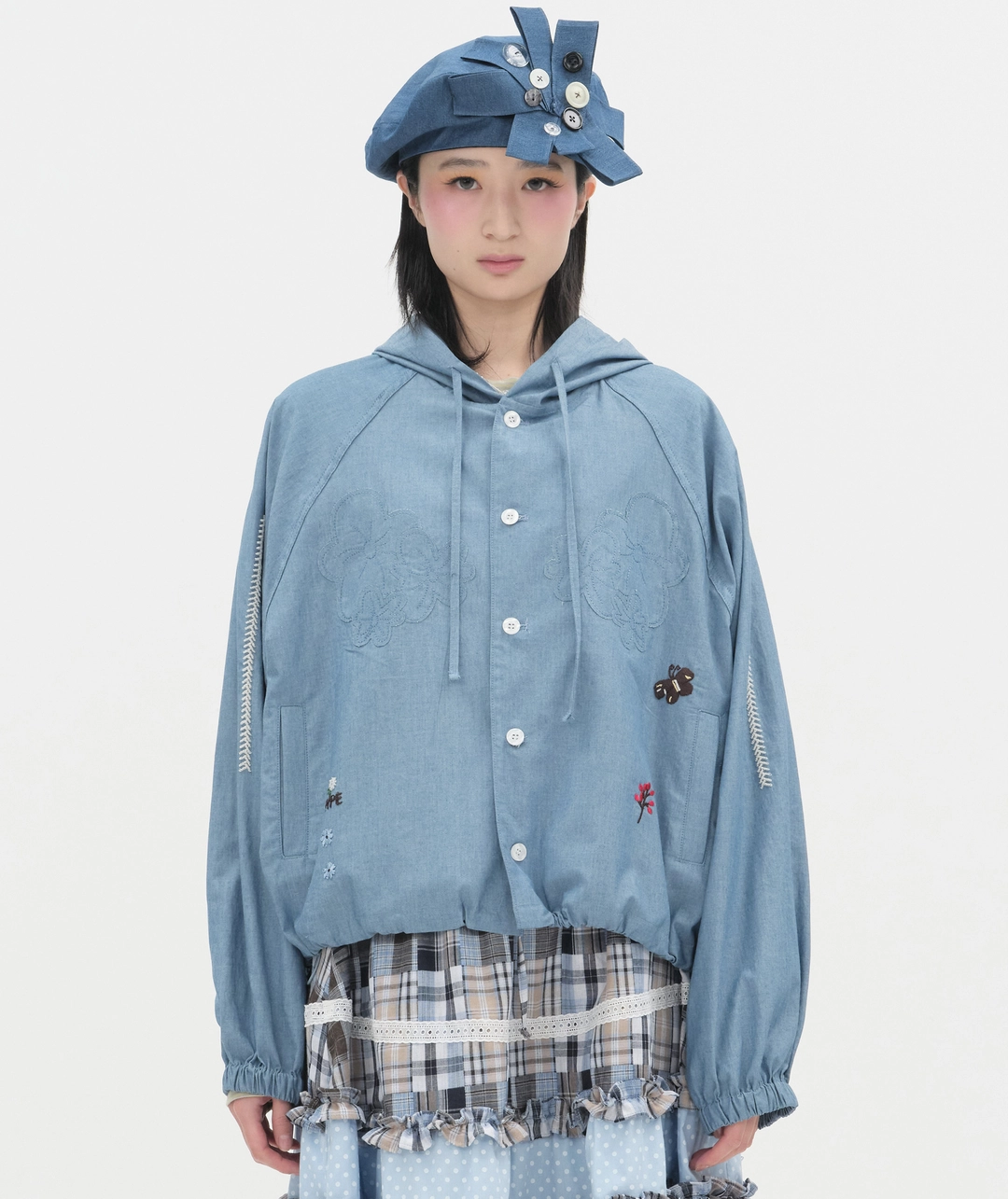 타입서비스 Embroidered Raglan Denim Hood Shirt [Blue] 상품 이미지 2