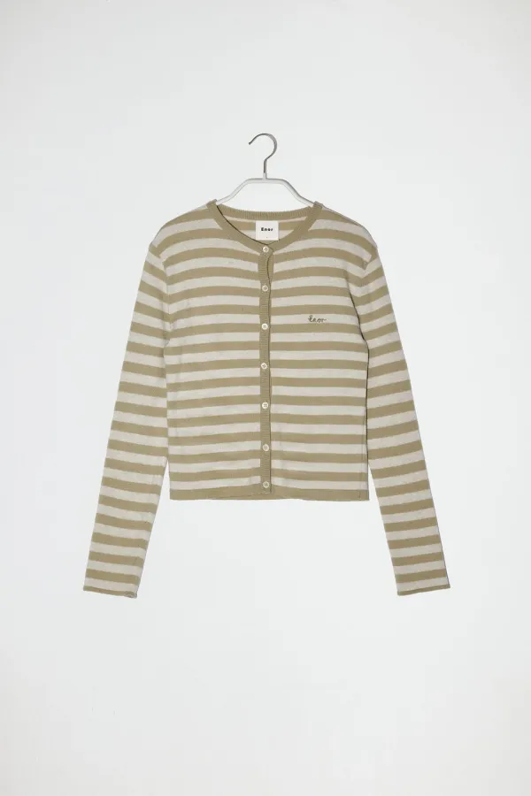 MERINO WOOL BLEND STRIPED CARDIGAN - BEIGE