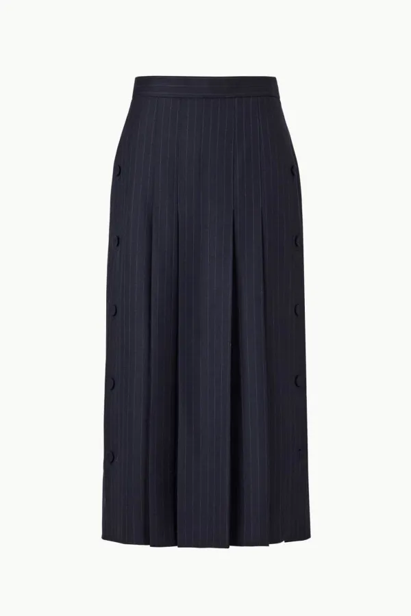 [1st Re-order]  Wool Blend Side Button Skirt, Navy Stripe