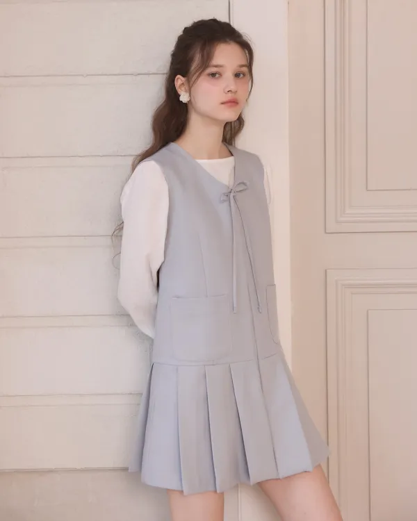 Hidden button ribbon pleats midi dress - ash blue