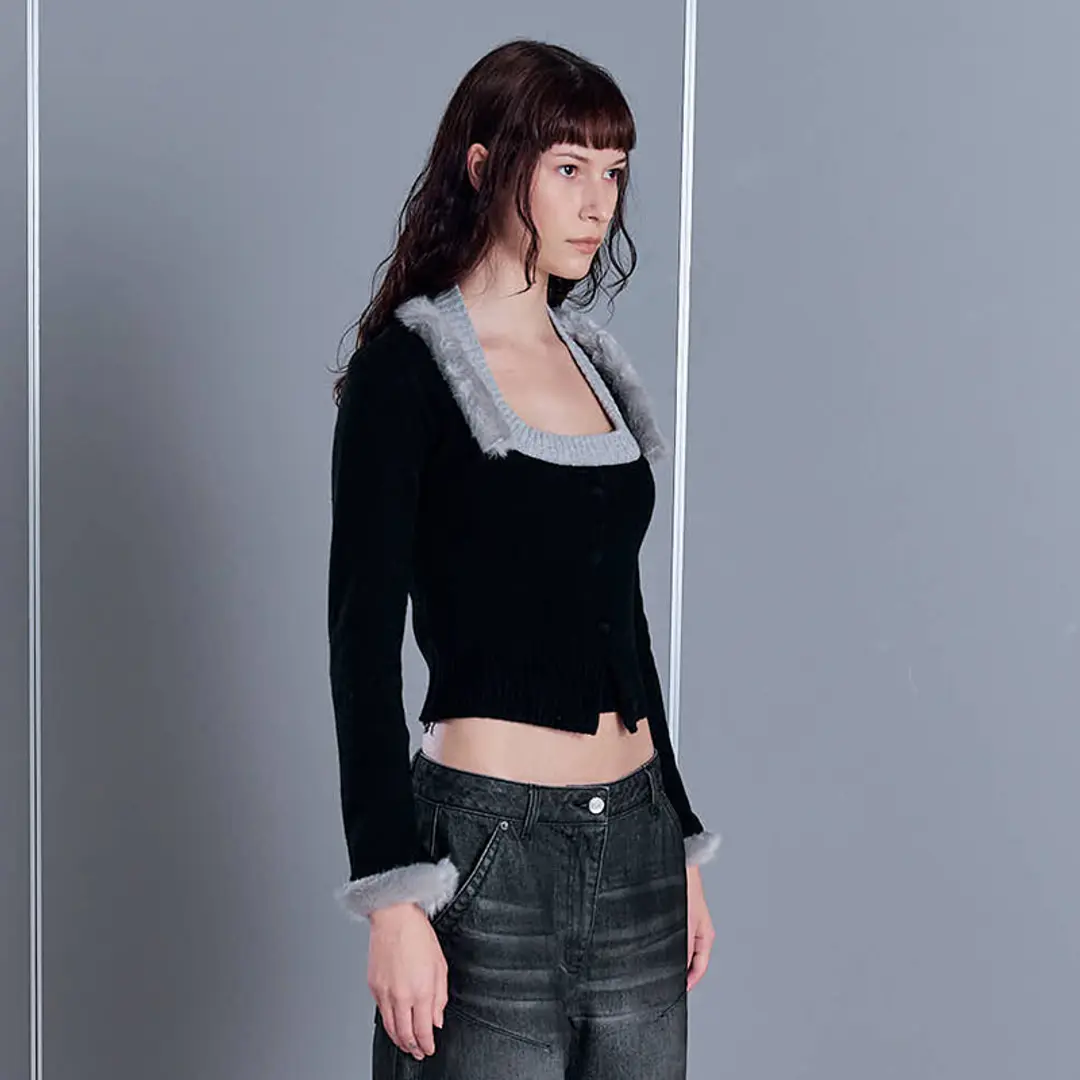 2000아카이브 FUR TRIMMED KNIT CD & HALTER TOP (2 PIECES) (BLACK) 상품 이미지 2