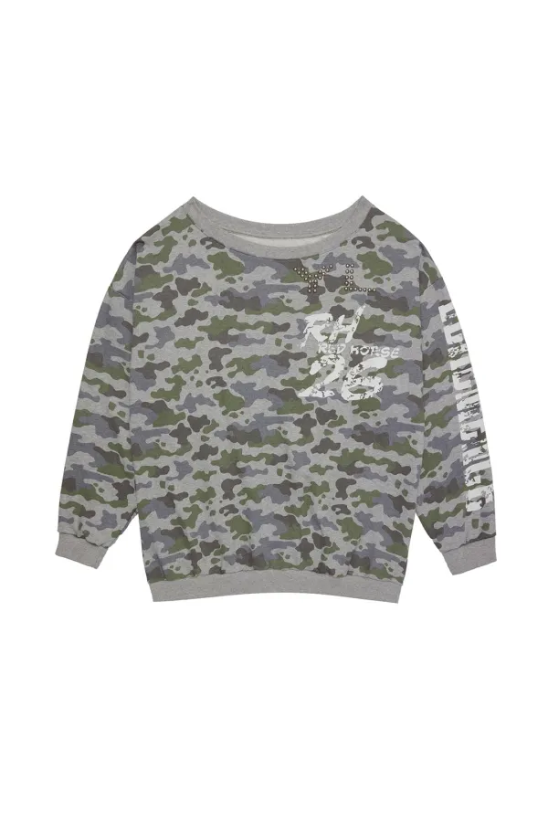 YL STUDDED OFF-SHOULDER SWEATSHIRT CAMO GREY