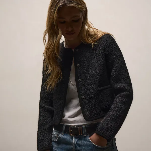 Wool Boucle Button Front Jacket - Black
