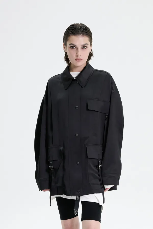 Glossy Satin Strap Jacket [ Black ]