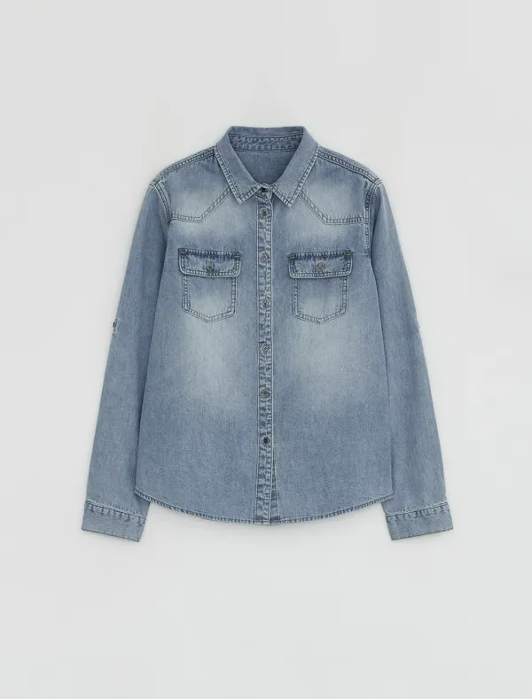 STITCHED BUTTON DENIM SHIRT [LIGHT BLUE]