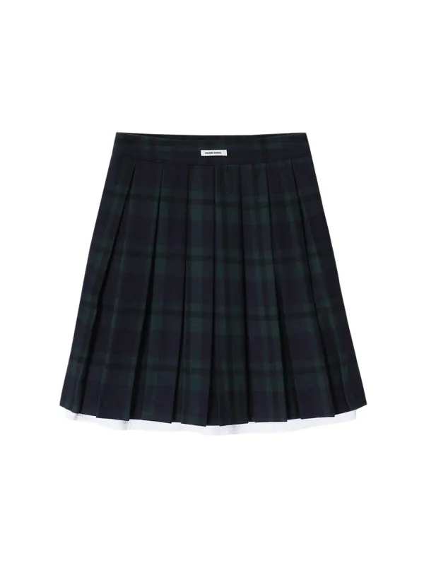 CHECK LAYERED WOOL PLEATS SKIRT_NAVY
