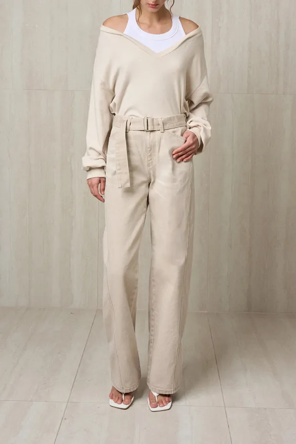 BELTED DENIM PANTS SAND