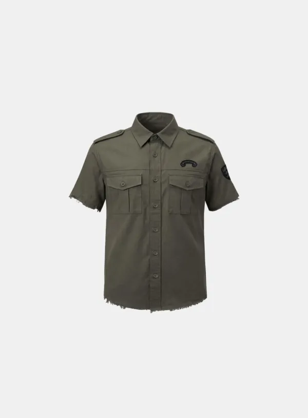 [w-sht26-014] Arc Epaulette Military Short Sleeve Shirt - Military Green