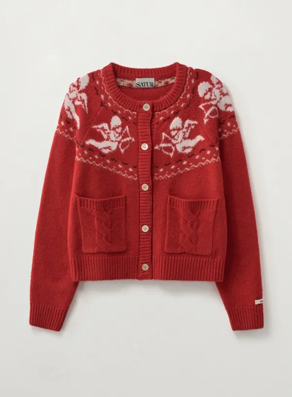 (W) Holiday Angel Knit Cardigan - Red