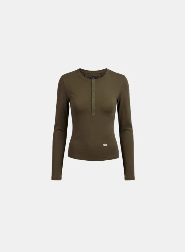 [w-tee26-059] Sleek Cotton Henley Neck Long Sleeve T-Shirt - Khaki Brown