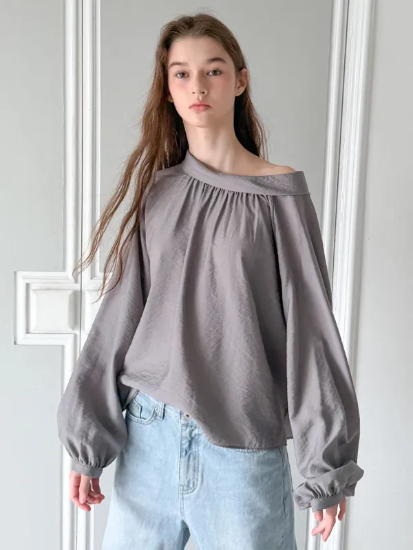 SCARF TIE SHIRRING BLOUSE - CHARCOAL