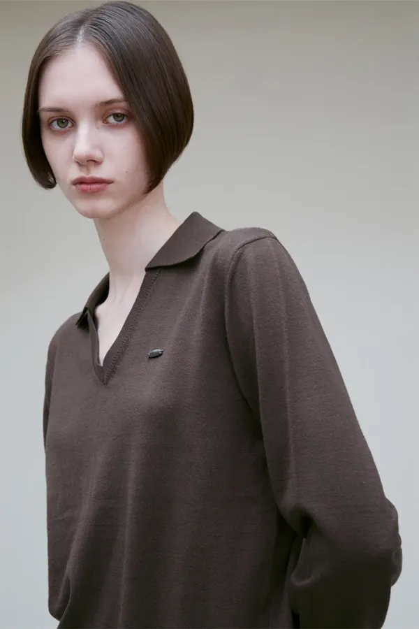 SPREAD COLLAR KNIT TOP CHOCOLATE