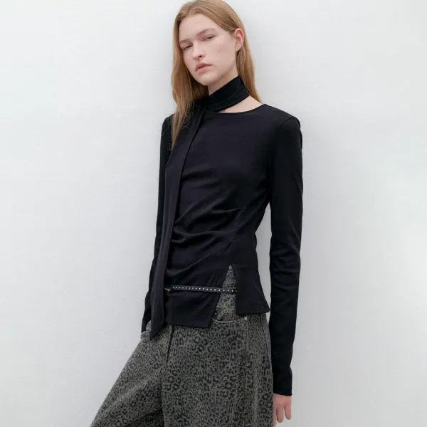 (Z-T-7084)TIE WAIST TUCK LONG SLEEVE S
