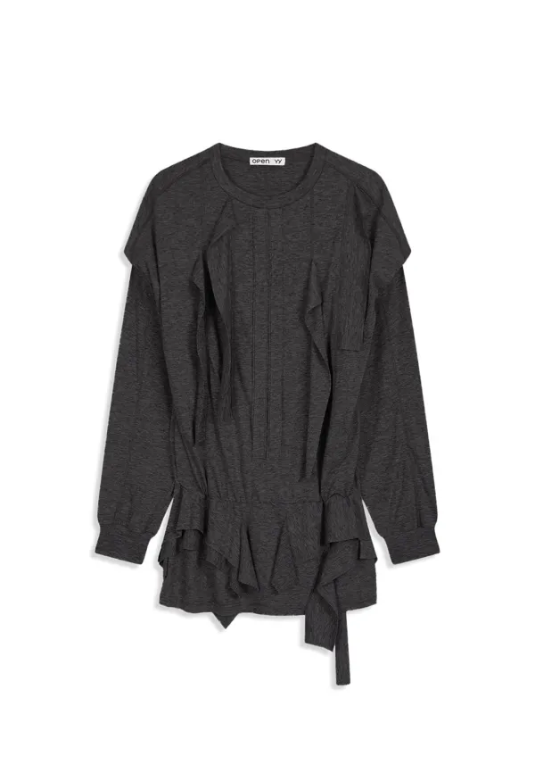 RAW CUT RUFFLE DRESS TOP, CHARCOAL