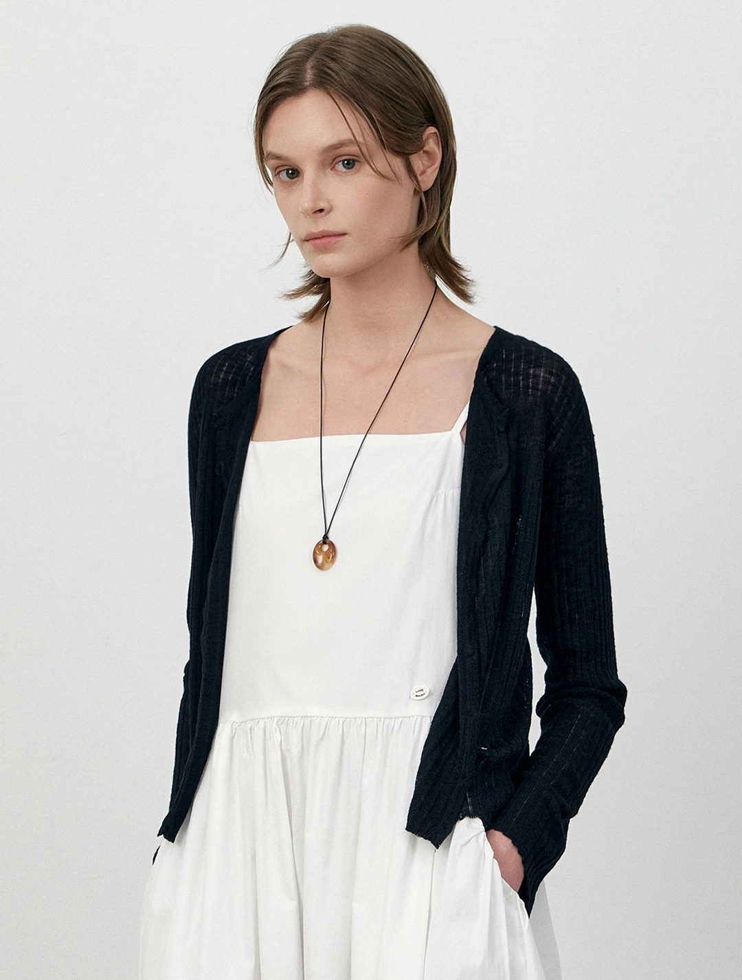 로에일 Space-dyed ribbed summer cardigan_Black 상품 이미지 1