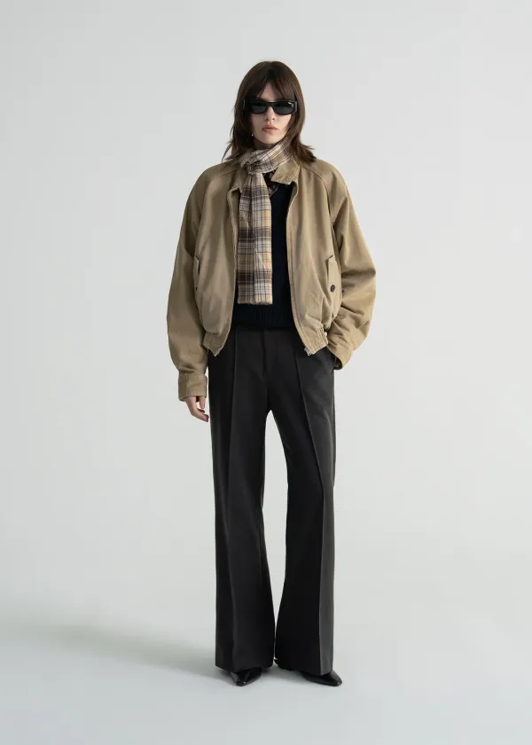 WOOL BLEND PINTUCK FLARED PANTS - CHARCOAL