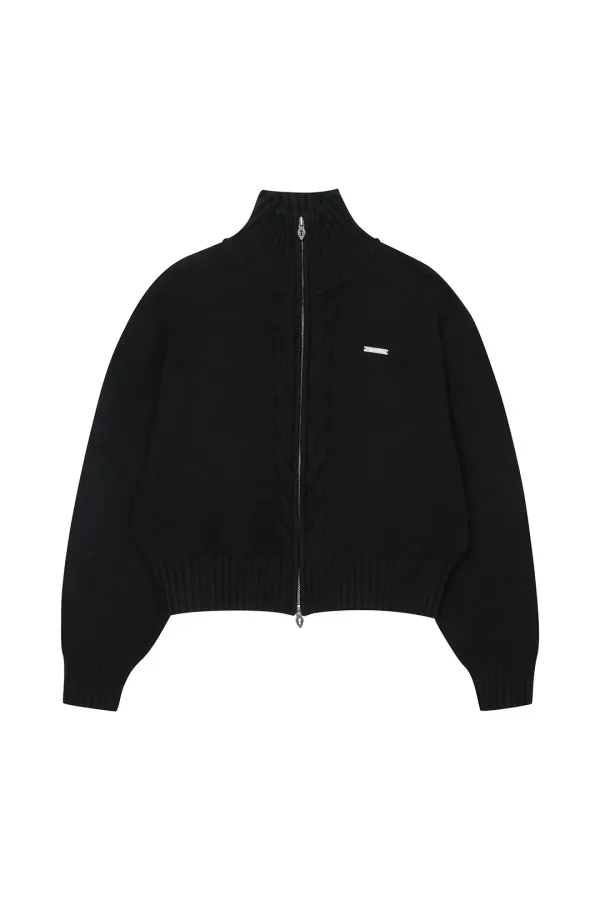 CABLE KNIT METAL LOGO ZIP-UP BLACK