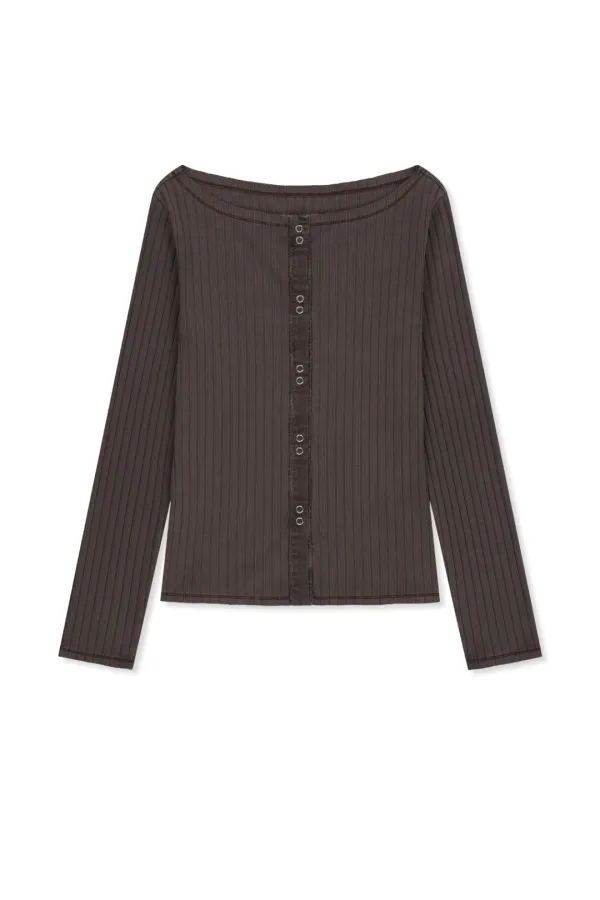VINTAGE WASHED RIBBED SNAP TOP IN BROWN