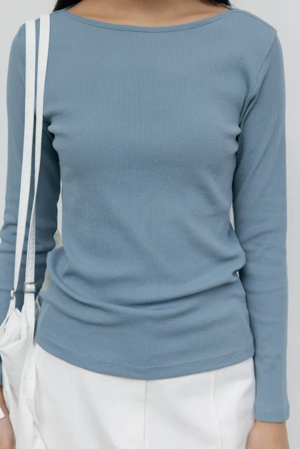 Slim Ribbed Boat Neck Top (Blue)
