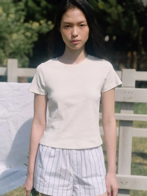 V-stitch short-sleeved T-shirt_cream