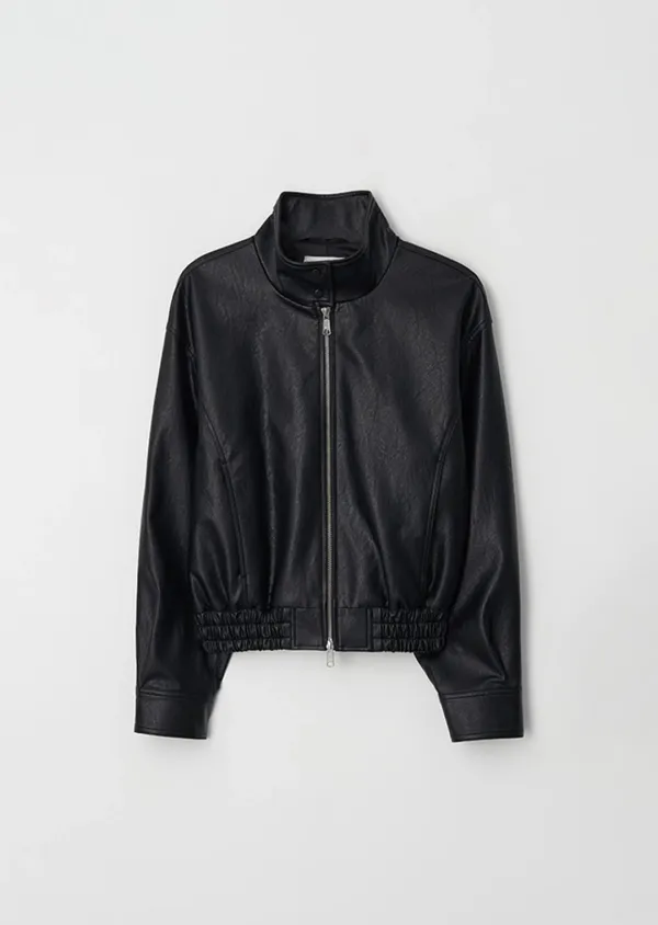high neck leather blouson-black