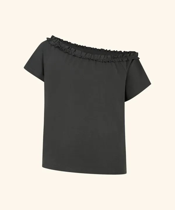 [레귤러 6/10 순차배송] Sove Frill One-Shoulder Short Sleeve T-Shirt (Charcoal)