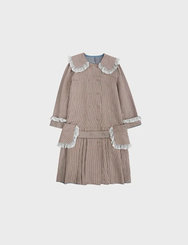 ruffle lace trench coat in brown stripe