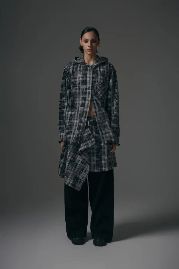 Spread Check Fringe Set-Up Hoodie Shirts [ Black ]