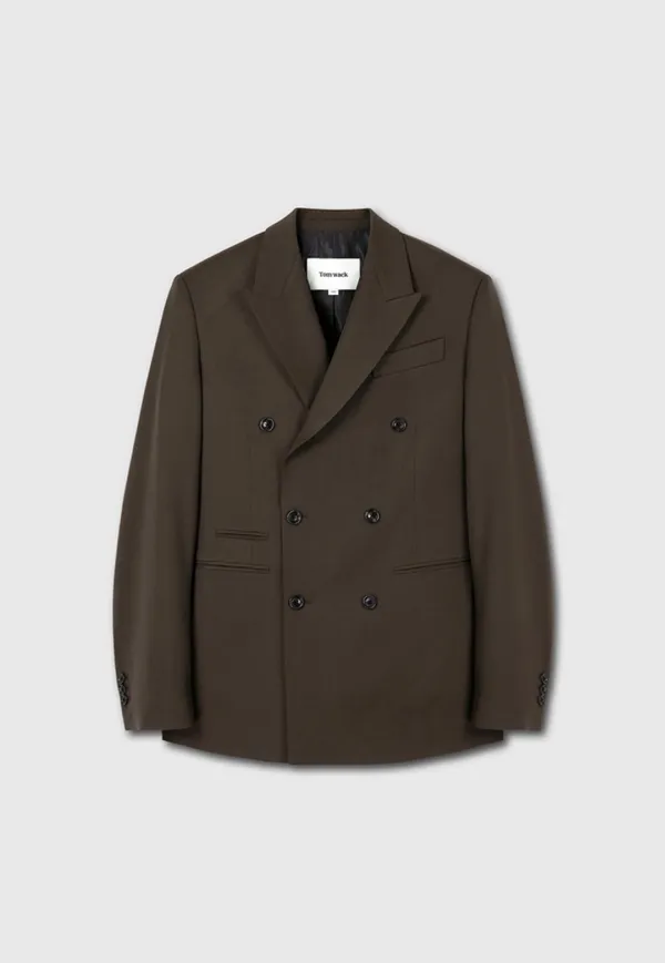 Wool Twill Double-Breasted Tailored Blazer_ Brown