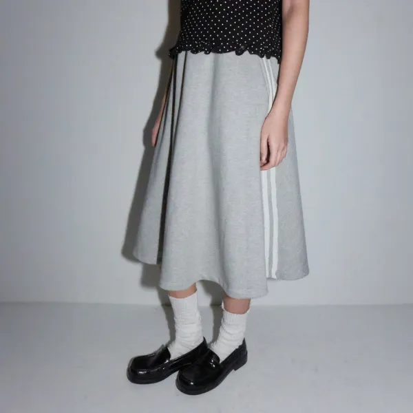 HEART PENDANT LACE TRACK LINE FLARE MAXI SKIRT GREY