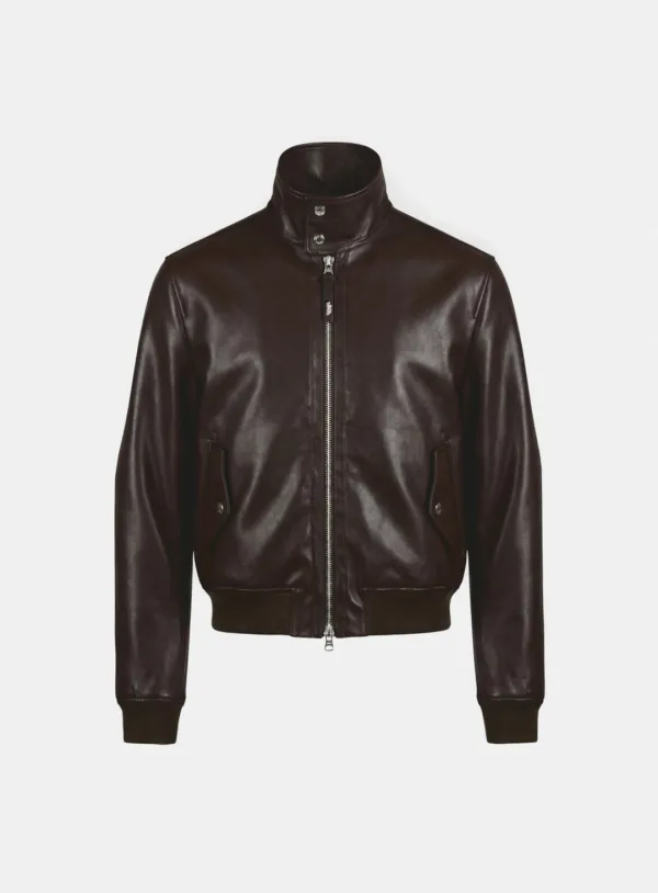 [w-jkt26-014] Leather High-Neck Jacket - Brown