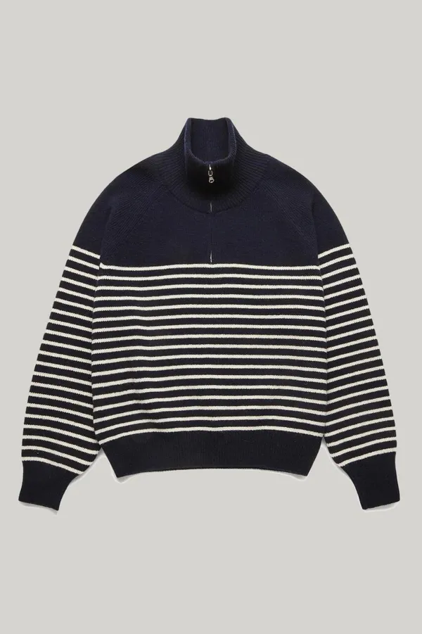 UNISEX STRIPED HALF ZIP-UP SWEATER FRENCH NAVY / CREAM