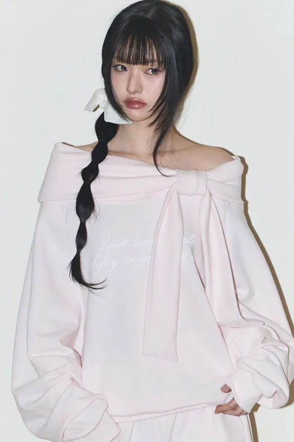 퓨어 보우 오프숄더 맨투맨 핑크