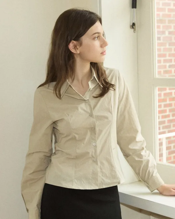 Slim fit semi crop nylon shirts - light khaki