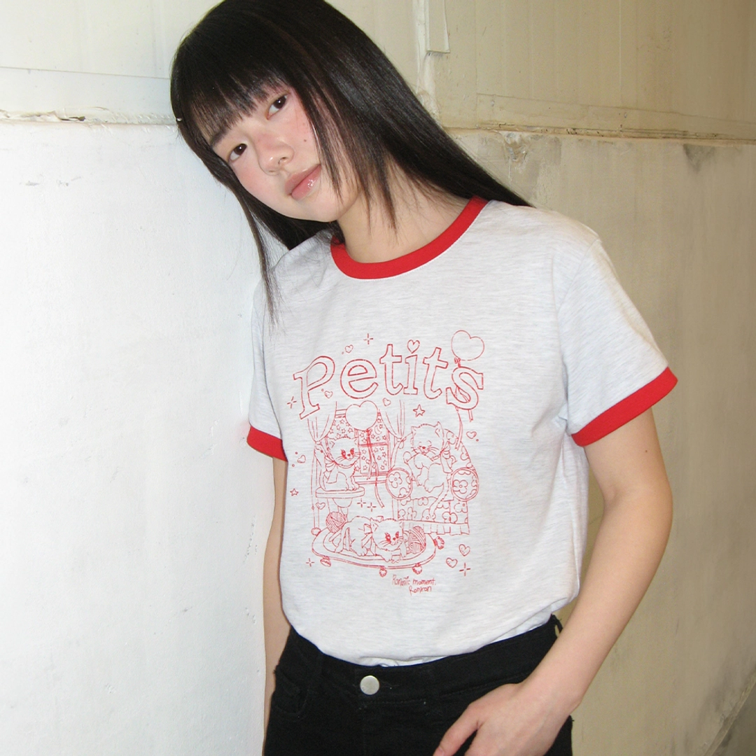 론론 PETIT CAT RINGER T SHIRT WHITE MELANGE RED 상품 이미지 2