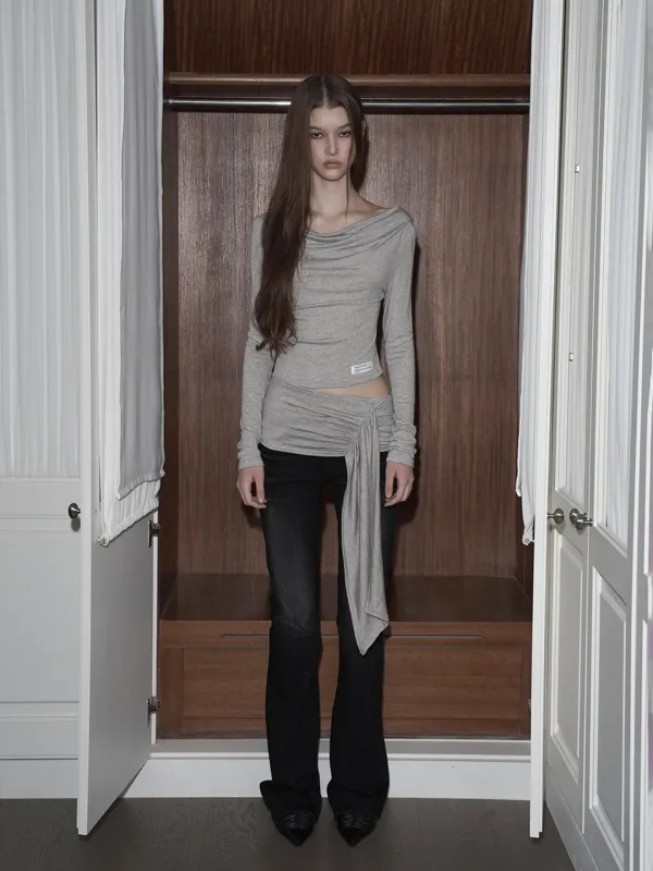 Cowl Drop Waist-Slit Top (melange beige)