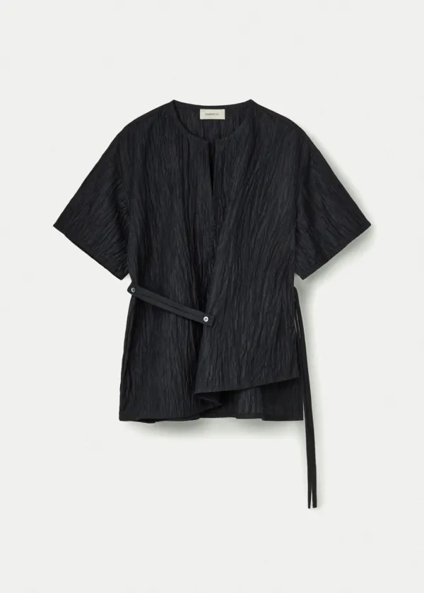 [2nd] Japanese Crinkled Linen Slit Neck Blouse_Raven