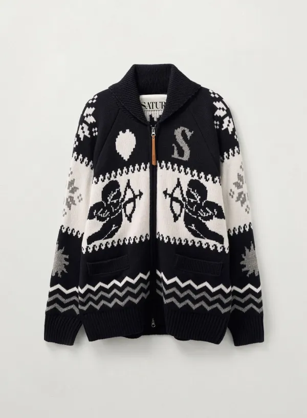 Angel Loose Fit Cowichan Knit Cardigan - Navy