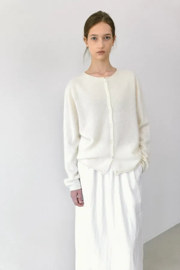 CASHMERE SILK ROUND CARDIGAN [ IVORY / GREY ]
