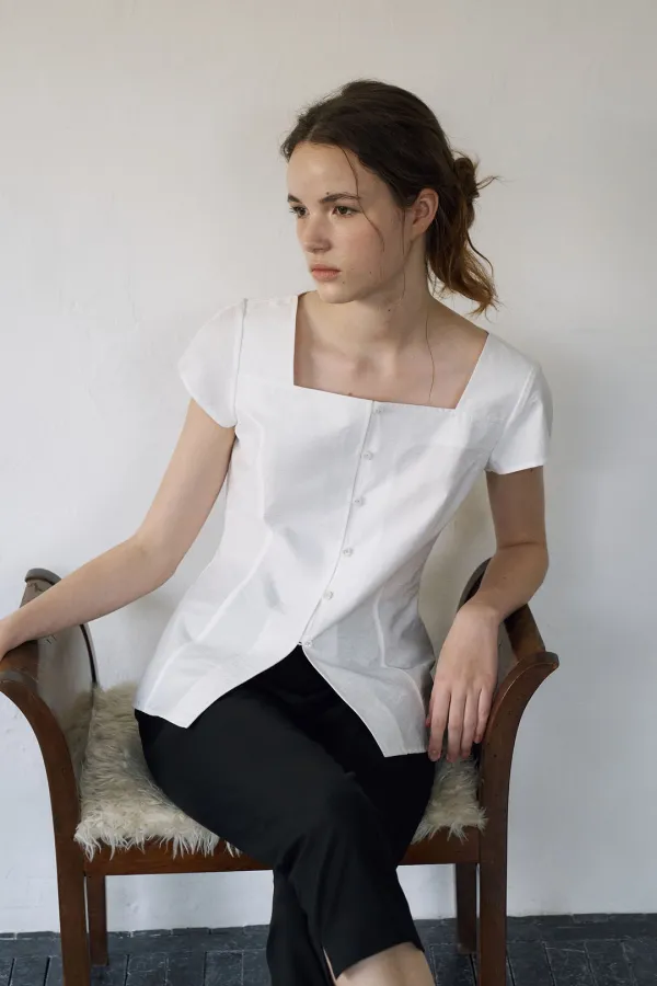 Square Neck Cap Sleeve Blouse[LMBFSUSH327]-Off-White