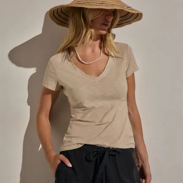 Sheer Slub V Neck - Stone
