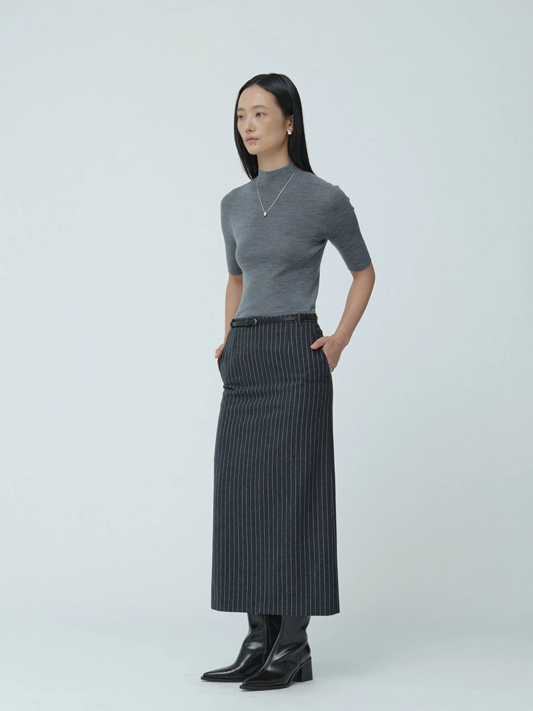 뮤제 [ESSENTIEL][Wool 100%] ELYSEE Half-Turtleneck Short-Sleeve Wholegarment Knit Top_Gray 상품 이미지 3
