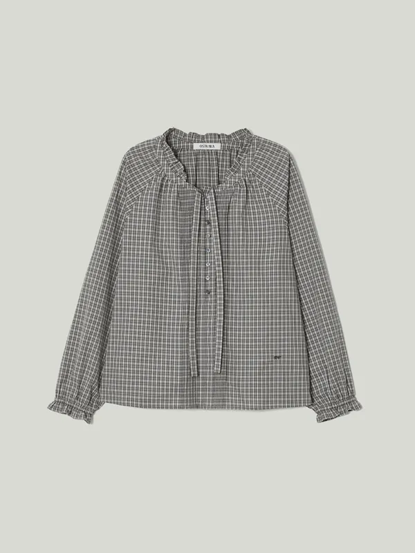 Frill Tie Check Blouse Beige