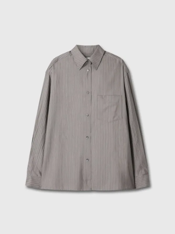 (W) SILK WOOL OVERSIZED RAW EDGE SHIRT_ DARK GREY STRIPE